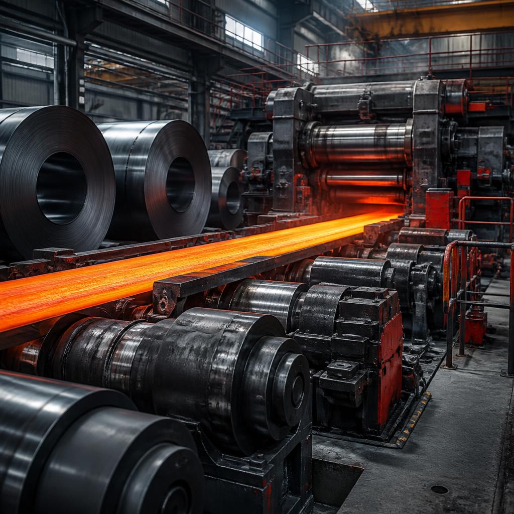 Steel coils and hot metal moving through a rolling mill
