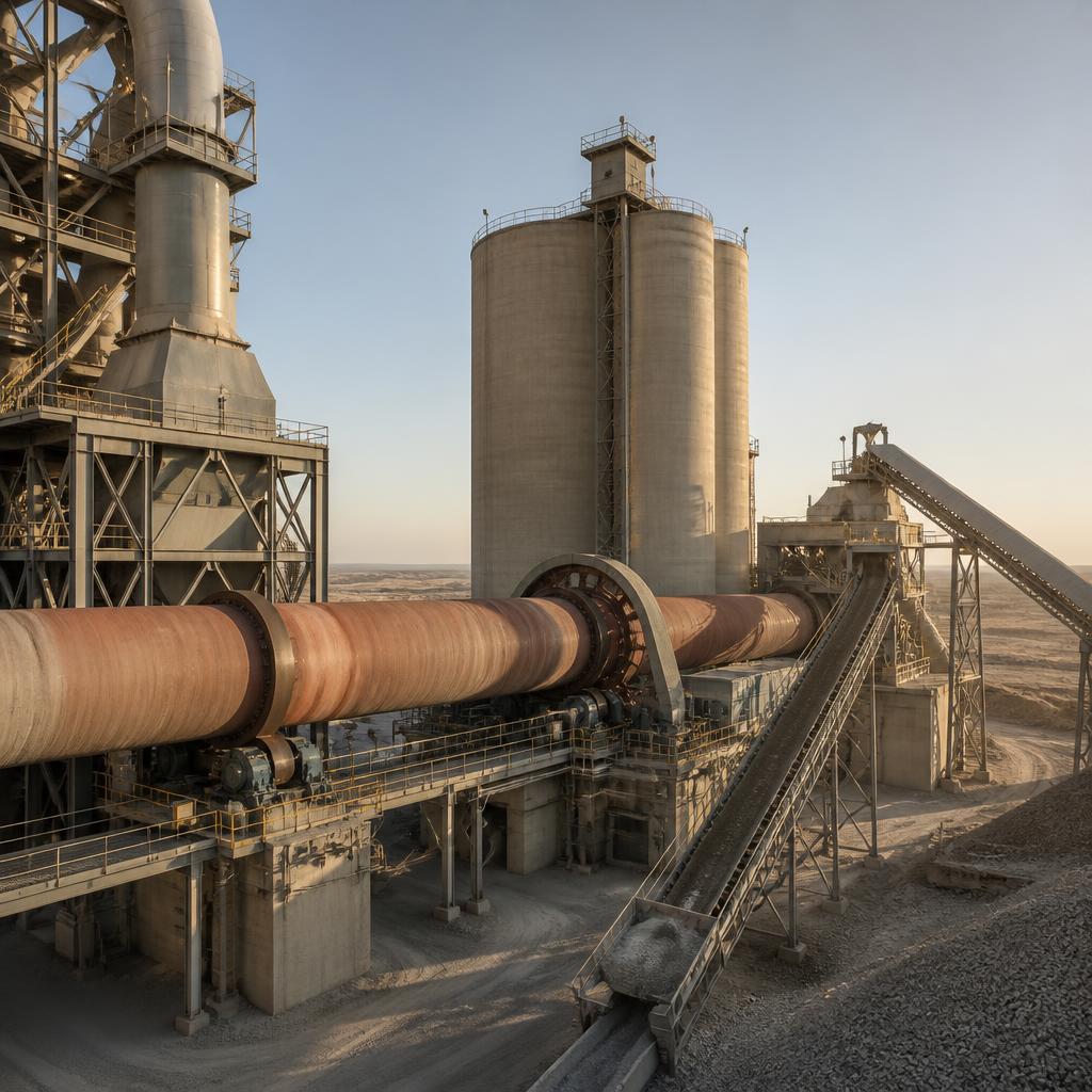 Rotary kiln and silos at a cement production plant