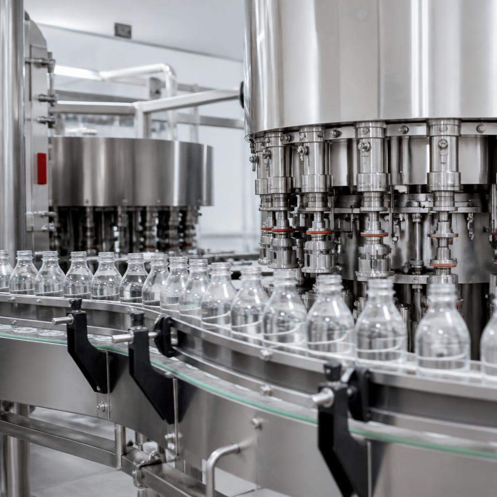 Beverage bottles moving through a stainless-steel filling line